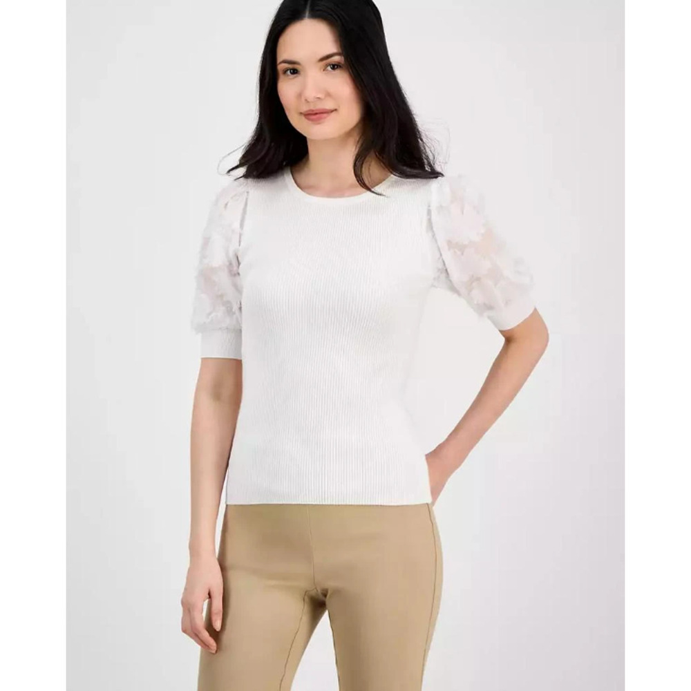 T Tahari Women's Round-Neck Elbow-Length-Sleeve Tulip White Size L 17228